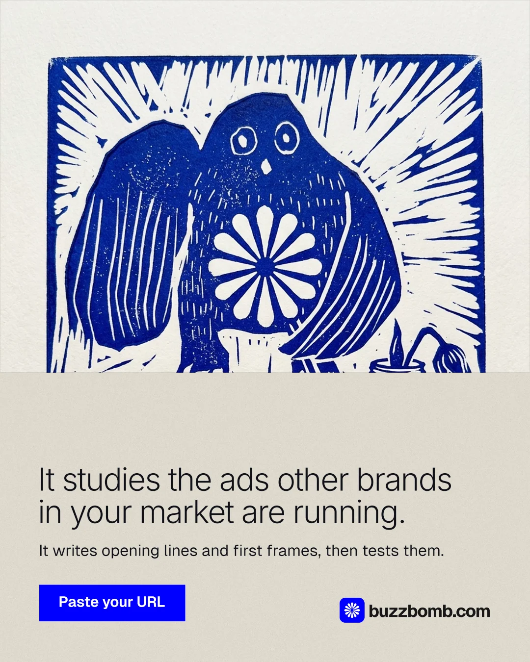Instagram portrait post for BuzzBomb: "It studies the ads other brands in your market are running." Swiss style, bottom layout, light palette in yellow, blue, white.