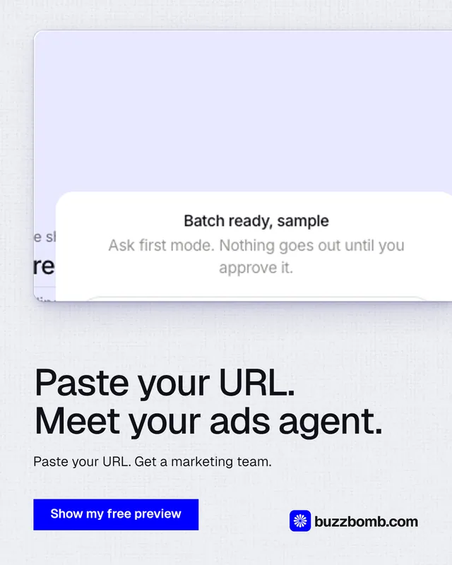 Instagram portrait post for BuzzBomb: "Paste your URL. Meet your ads agent." Swiss style, bottom layout, light palette in white, blue.