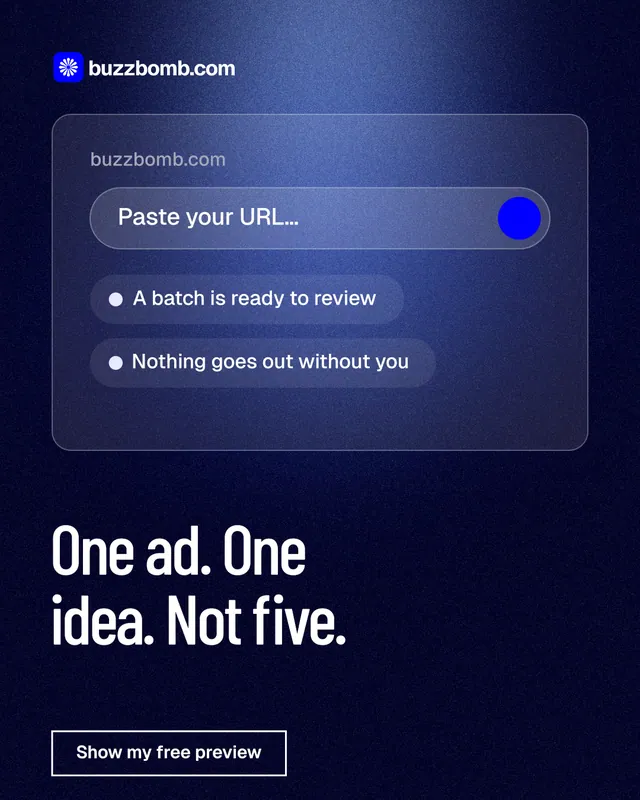 Instagram portrait post for BuzzBomb: "One ad. One idea. Not five." Dark deco style, bottom layout, dark palette in black, blue.