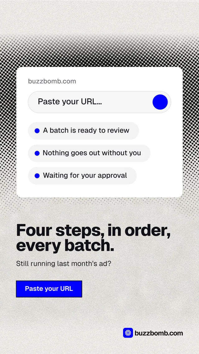 Instagram story for BuzzBomb: "Four steps, in order, every batch." Ink sticker style, bottom layout, light palette in white, grey.