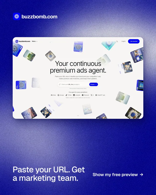 Instagram portrait post for BuzzBomb: "Paste your URL. Get a marketing team." Cyanotype style, image led layout, light palette in white, blue.
