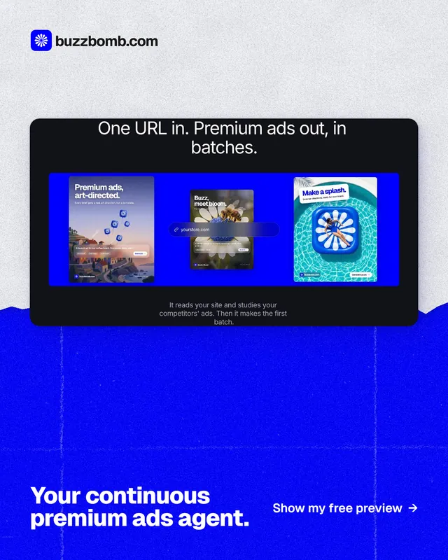 Instagram portrait post for BuzzBomb: "Your continuous premium ads agent." Paper trio style, image led layout, dark palette in blue.