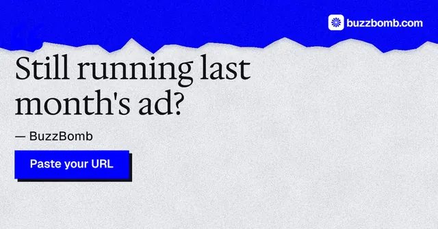 Social ad for BuzzBomb: "Still running last month's ad?" Paper trio style, quote layout, light palette in white, blue.