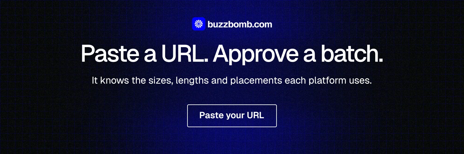 X header for BuzzBomb: "Paste a URL. Approve a batch." Phosphor atlas style, centred layout, dark palette in black, blue.