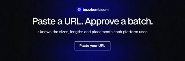 X header for BuzzBomb: "Paste a URL. Approve a batch." Phosphor atlas style, centred layout, dark palette in black, blue.