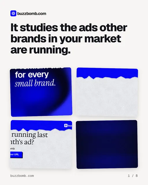 Carousel for BuzzBomb: "It studies the ads other brands in your market are running.". Collection carousel, 8 slides, light palette.