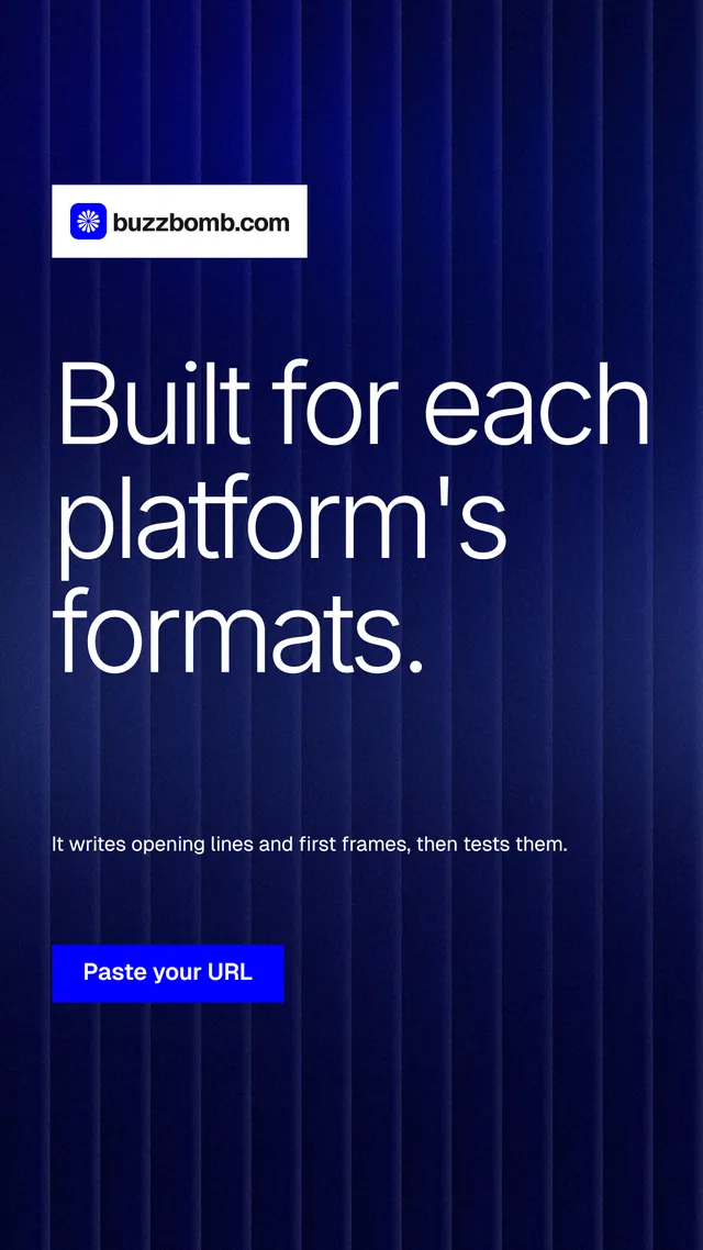 Instagram story for BuzzBomb: "Built for each platform's formats." Swiss style, announce layout, dark palette in black, blue, grey.