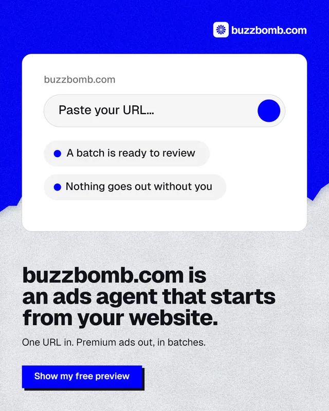 Instagram portrait post for BuzzBomb: "buzzbomb.com is an ads agent that starts from your website." Paper trio style, bottom layout, light palette in white, blue.