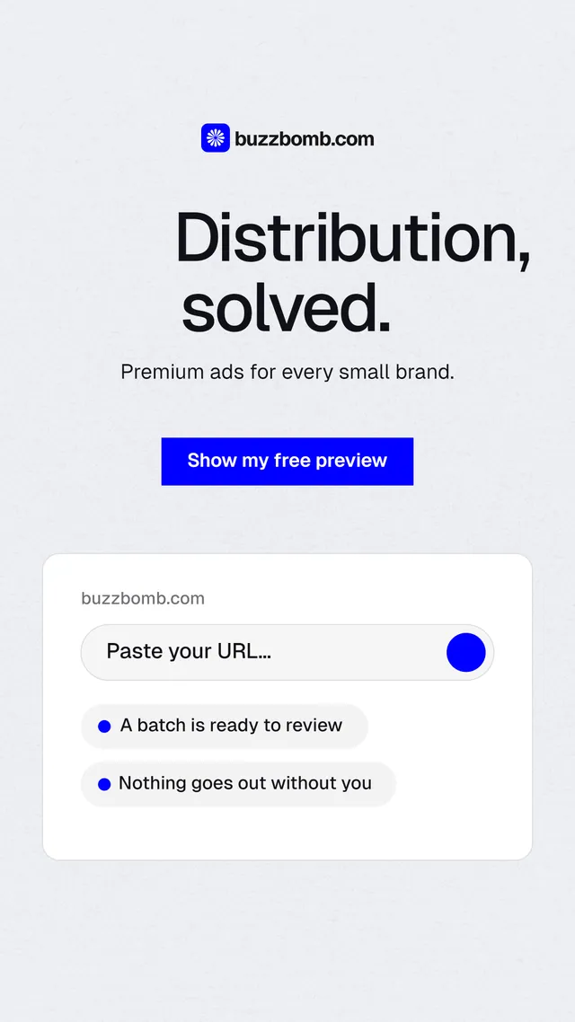 Instagram story for BuzzBomb: "Distribution, solved." Swiss style, centred layout, light palette in white, blue.