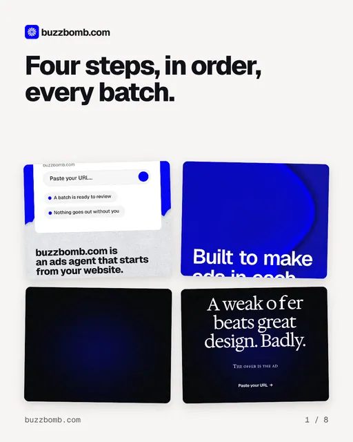 Carousel for BuzzBomb: "Four steps, in order, every batch.". Collection carousel, 8 slides, light palette.