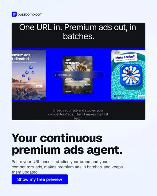 Video for BuzzBomb: "Your continuous premium ads agent.". Doc motion loop, 7.0 s, light palette.