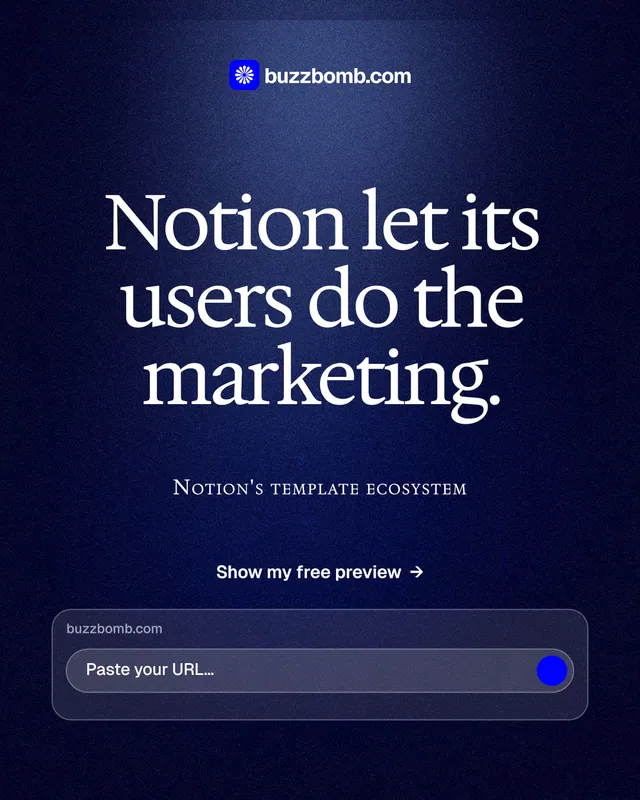 Instagram portrait post for BuzzBomb: "Notion let its users do the marketing." Dark deco style, smallcaps layout, dark palette in blue, black.