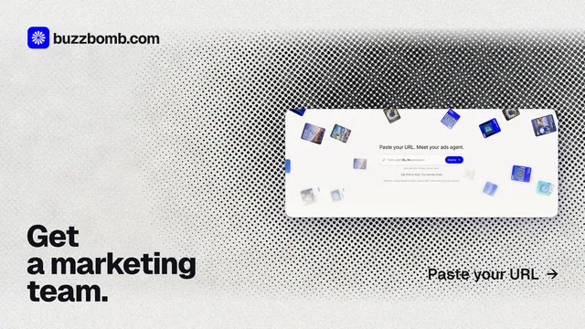Landscape graphic for BuzzBomb: "Get a marketing team." Ink sticker style, image led layout, light palette in white, grey.