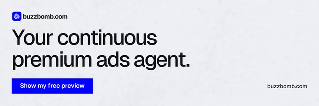 X header for BuzzBomb: "Your continuous premium ads agent." Swiss style, poster layout, light palette in white, blue.