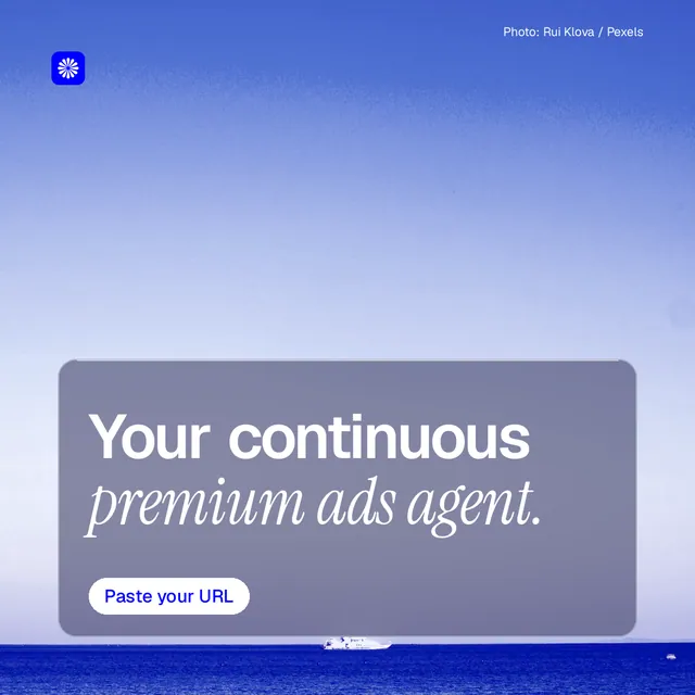Instagram post for BuzzBomb: "Your continuous premium ads agent." Glass style, technique:pexels ingredient layout, light palette in blue.