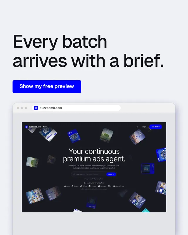 Instagram portrait post for BuzzBomb: "Every batch arrives with a brief." Data card style, browser layout, light palette in white, blue, grey.