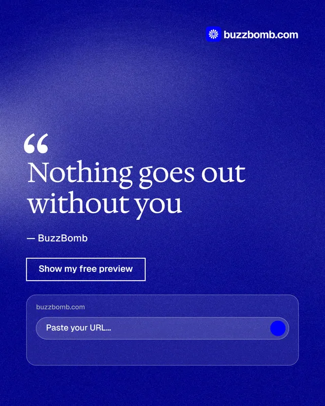Instagram portrait post for BuzzBomb: "Nothing goes out without you". Cyanotype style, quote layout, dark palette in blue.