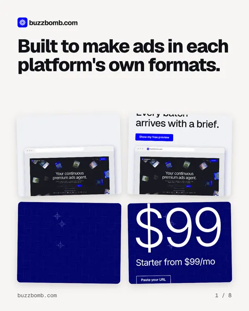 Carousel for BuzzBomb: "Built to make ads in each platform's own formats.". Collection carousel, 8 slides, light palette.