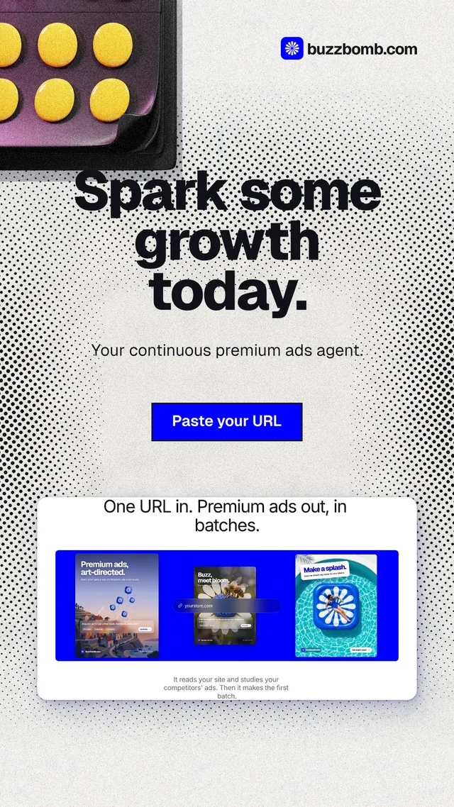 Instagram story for BuzzBomb: "Spark some growth today." Ink sticker style, centred layout, light palette in grey, white, blue.