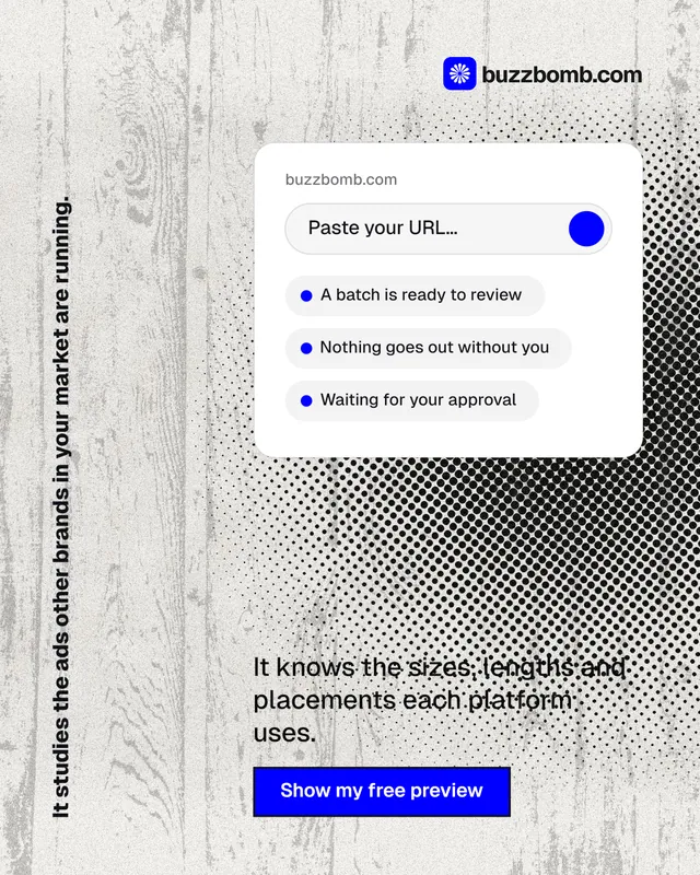 Instagram portrait post for BuzzBomb: "It studies the ads other brands in your market are running." Ink sticker style, vertical layout, light palette in white, grey.