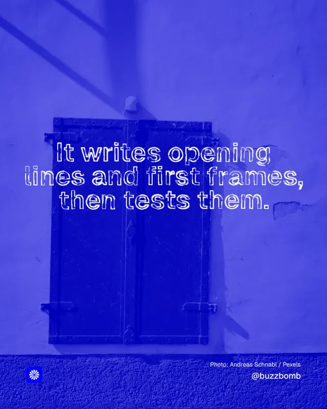 Instagram portrait post for BuzzBomb: "It writes opening lines and first frames, then tests them." Scribble style, technique:raster type fx layout, dark palette in blue.