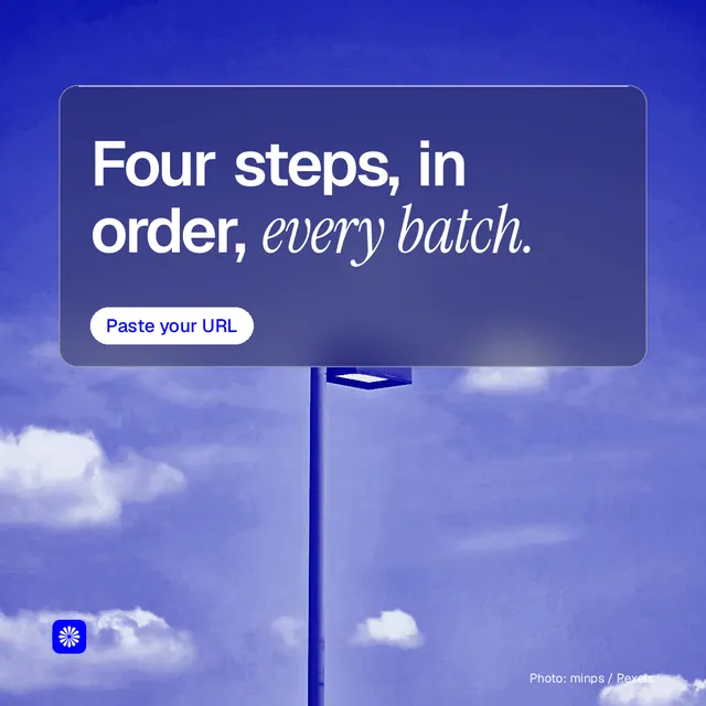 Instagram post for BuzzBomb: "Four steps, in order, every batch." Glass style, technique:pexels ingredient layout, dark palette in blue.