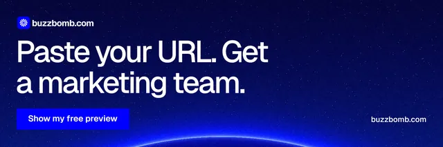 X header for BuzzBomb: "Paste your URL. Get a marketing team." Swiss style, poster layout, dark palette in blue.