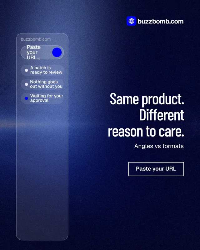 Instagram portrait post for BuzzBomb: "Same product. Different reason to care." Dark deco style, right layout, dark palette in black, blue.
