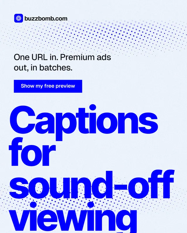 Instagram portrait post for BuzzBomb: "Captions for sound-off viewing". Swiss style, oversized layout, light palette in white, blue.