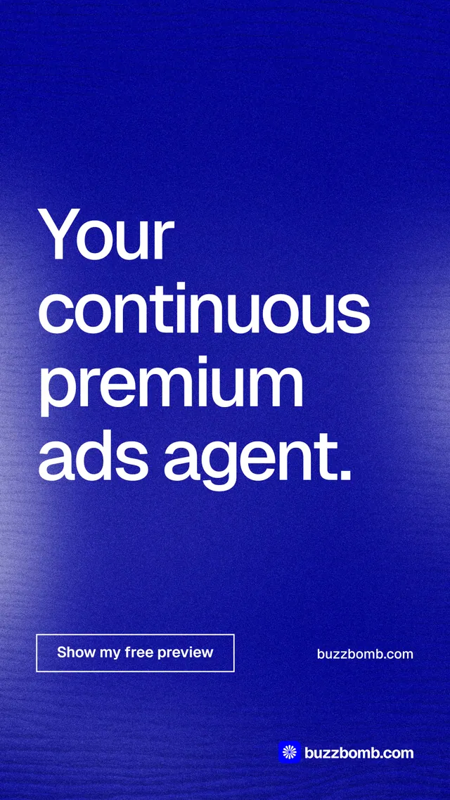 Instagram story for BuzzBomb: "Your continuous premium ads agent." Cyanotype style, poster layout, dark palette in blue.