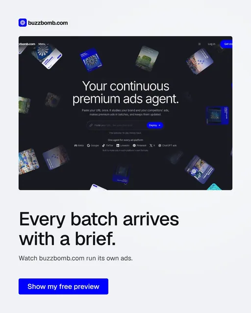 Video for BuzzBomb: "Every batch arrives with a brief.". Doc motion loop, 7.0 s, light palette.