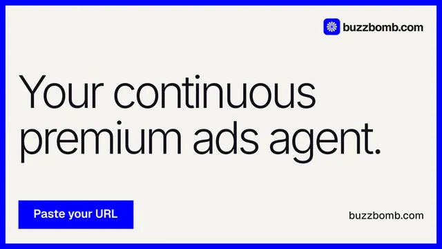 Landscape graphic for BuzzBomb: "Your continuous premium ads agent." Swiss style, poster layout, light palette in white, grey, blue.