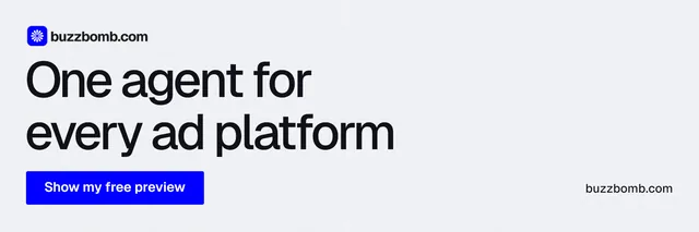 X header for BuzzBomb: "One agent for every ad platform". Data card style, poster layout, light palette in white, blue.