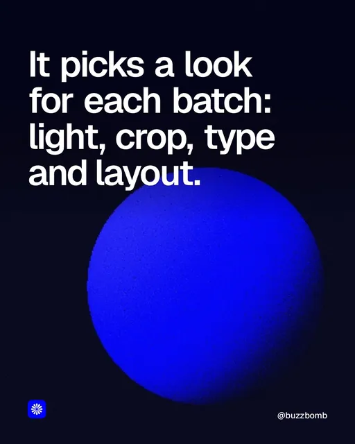 Video for BuzzBomb: "It picks a look for each batch: light, crop, type and layout.". Shader loop, 6.0 s, dark palette.