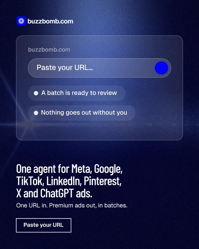 Instagram portrait post for BuzzBomb: "One agent for Meta, Google, TikTok, LinkedIn, Pinterest, X and ChatGPT ads." Dark deco style, bottom layout, dark palette in blue, black.
