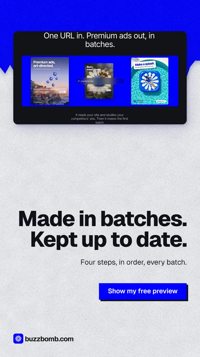Instagram story for BuzzBomb: "Made in batches. Kept up to date." Paper trio style, right layout, light palette in blue, white, grey.