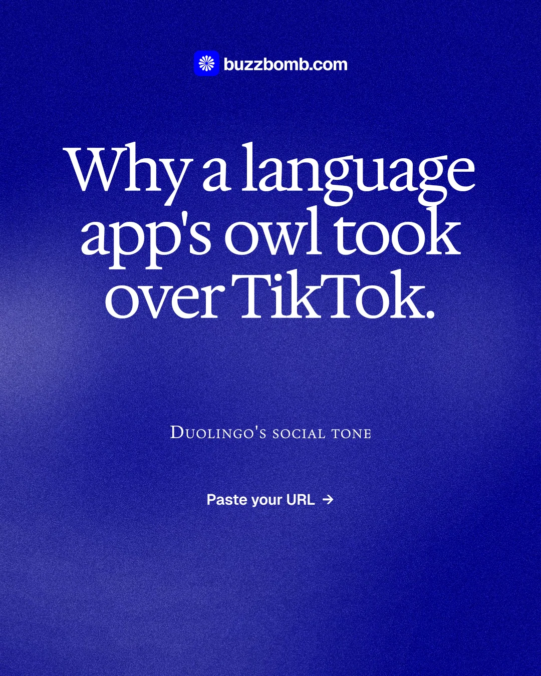Instagram portrait post for BuzzBomb: "Why a language app's owl took over TikTok." Cyanotype style, smallcaps layout, dark palette in blue.