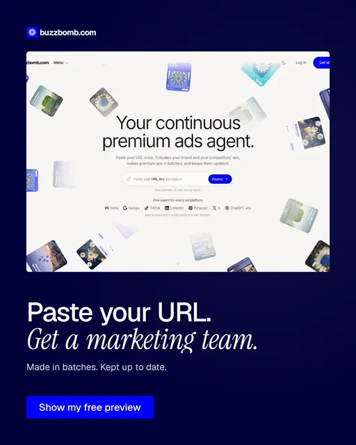 Video for BuzzBomb: "Paste your URL. Get a marketing team.". Doc motion loop, 8.0 s, dark palette.