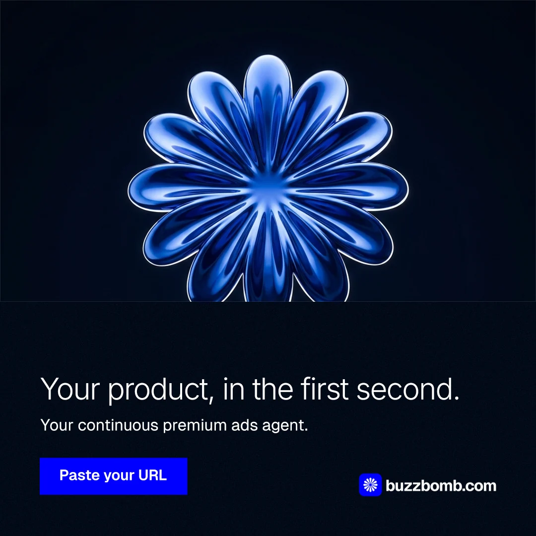 Instagram post for BuzzBomb: "Your product, in the first second." Swiss style, bottom layout, dark palette in black, blue.