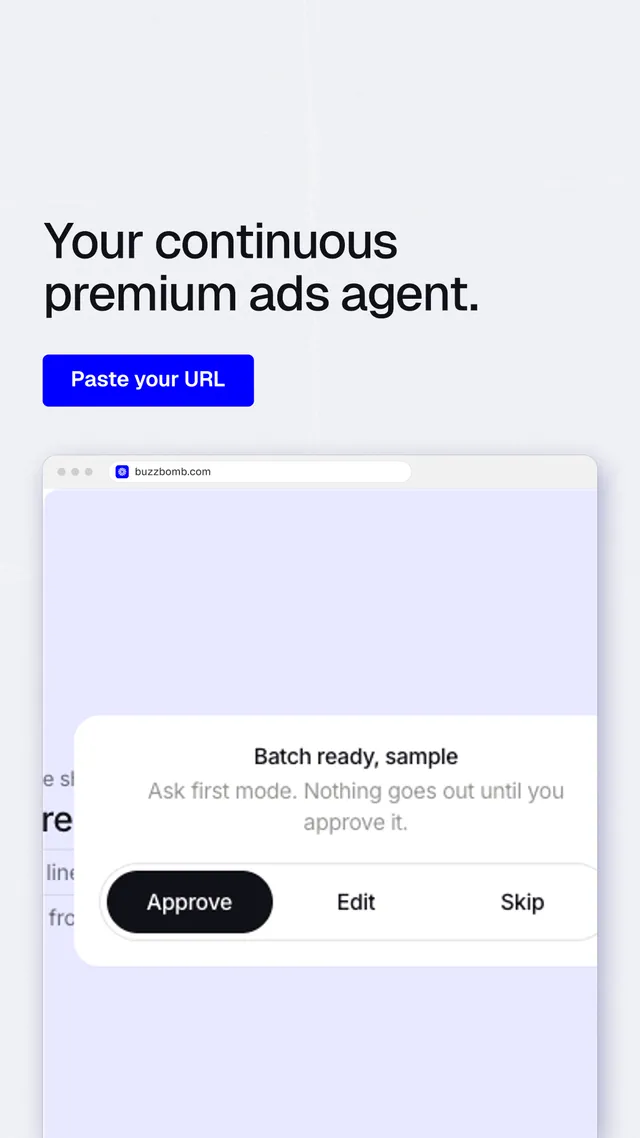 Instagram story for BuzzBomb: "Your continuous premium ads agent." Data card style, browser layout, light palette in white, blue.