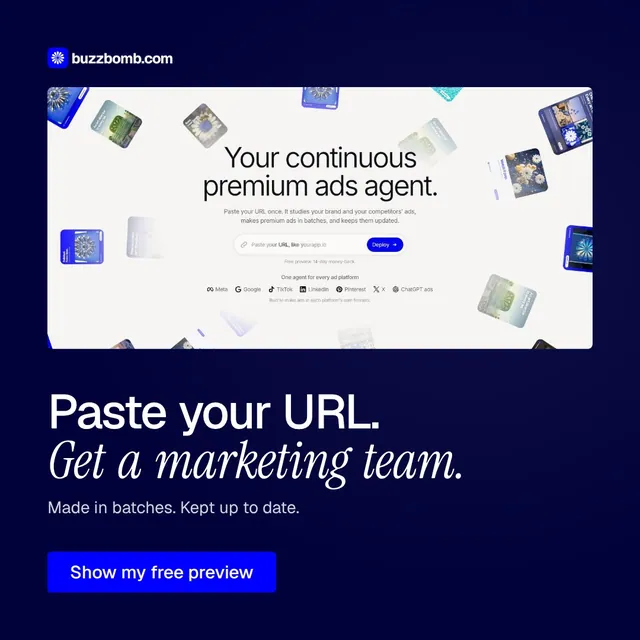 Video for BuzzBomb: "Paste your URL. Get a marketing team.". Doc motion loop, 6.0 s, dark palette.