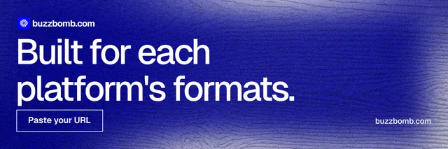 X header for BuzzBomb: "Built for each platform's formats." Cyanotype style, poster layout, dark palette in blue.