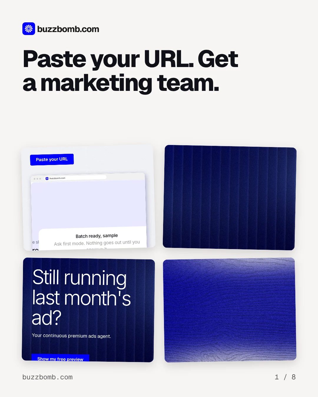 Carousel for BuzzBomb: "Paste your URL. Get a marketing team.". Collection carousel, 8 slides, light palette.