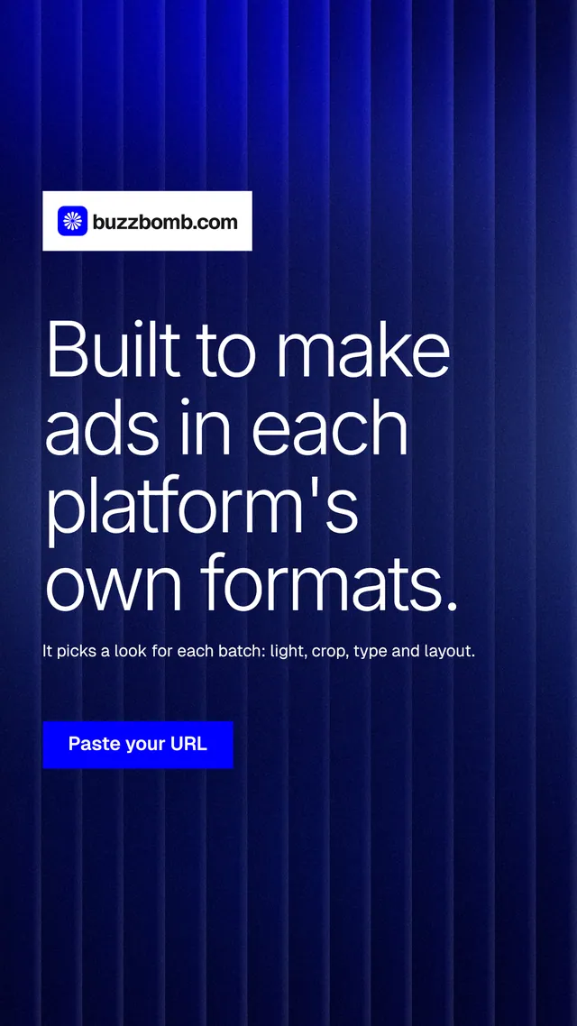 Instagram story for BuzzBomb: "Built to make ads in each platform's own formats." Swiss style, announce layout, dark palette in blue, grey.