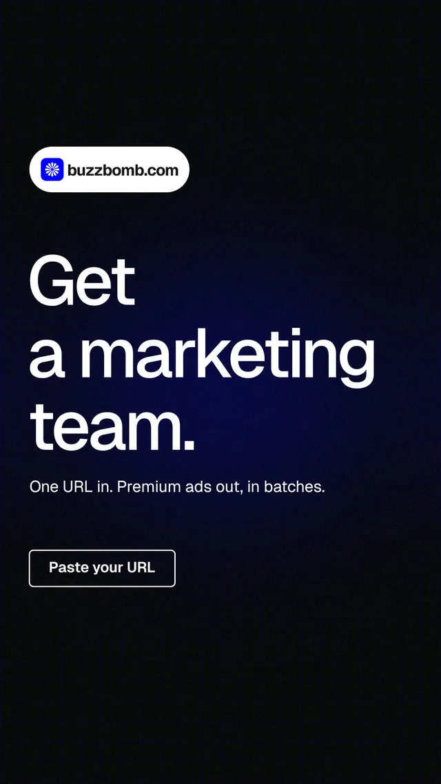 Instagram story for BuzzBomb: "Get a marketing team." Phosphor atlas style, announce layout, dark palette in black, grey.