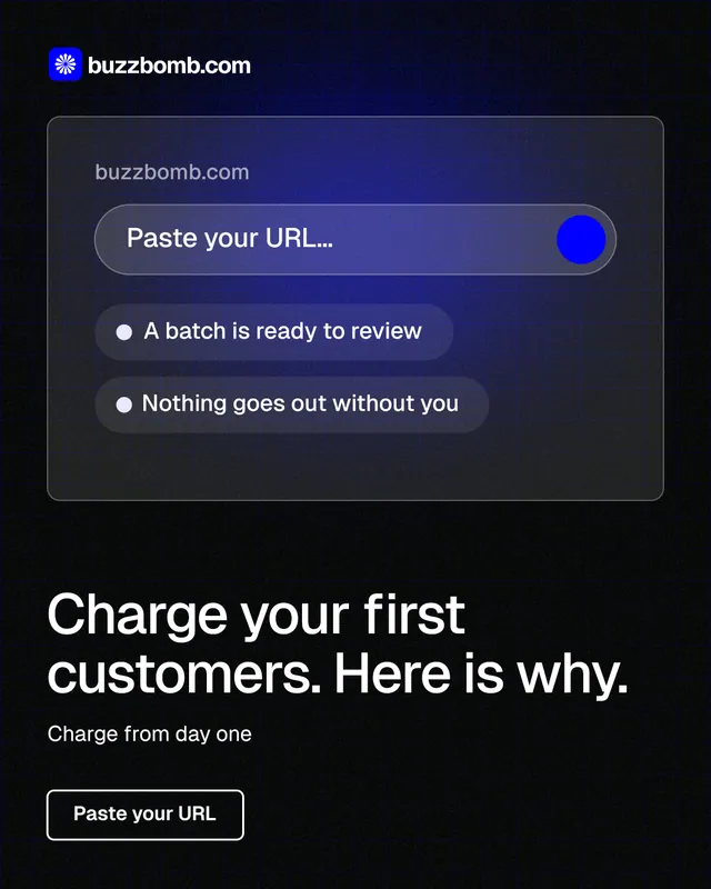 Instagram portrait post for BuzzBomb: "Charge your first customers. Here is why." Phosphor atlas style, bottom layout, dark palette in black, blue.