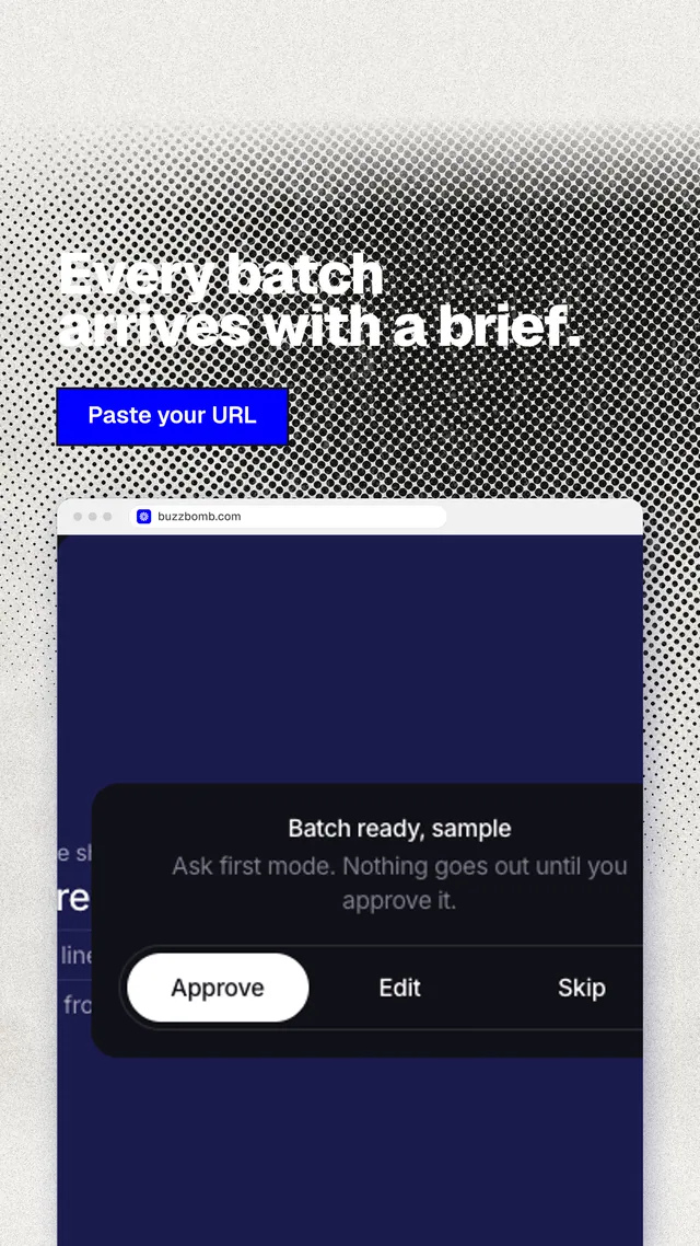 Instagram story for BuzzBomb: "Every batch arrives with a brief." Ink sticker style, browser layout, dark palette in white, blue, grey.