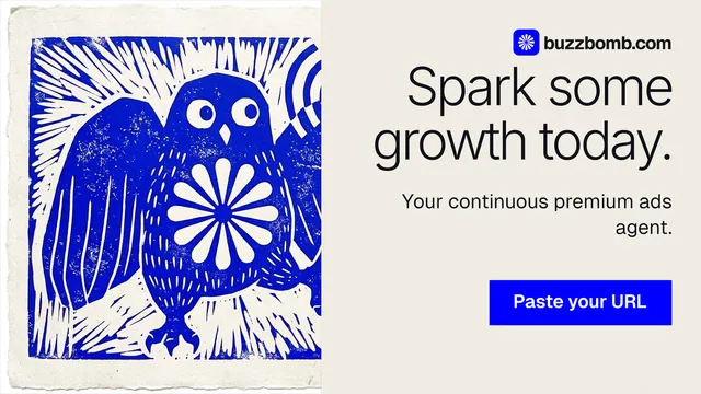 Landscape graphic for BuzzBomb: "Spark some growth today." Swiss style, right layout, light palette in yellow, blue, grey.