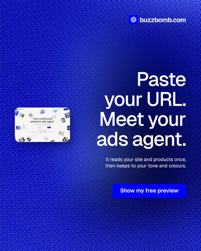 Instagram portrait post for BuzzBomb: "Paste your URL. Meet your ads agent." Swiss style, right layout, dark palette in blue.