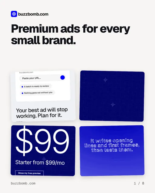 Carousel for BuzzBomb: "Premium ads for every small brand.". Collection carousel, 8 slides, light palette.